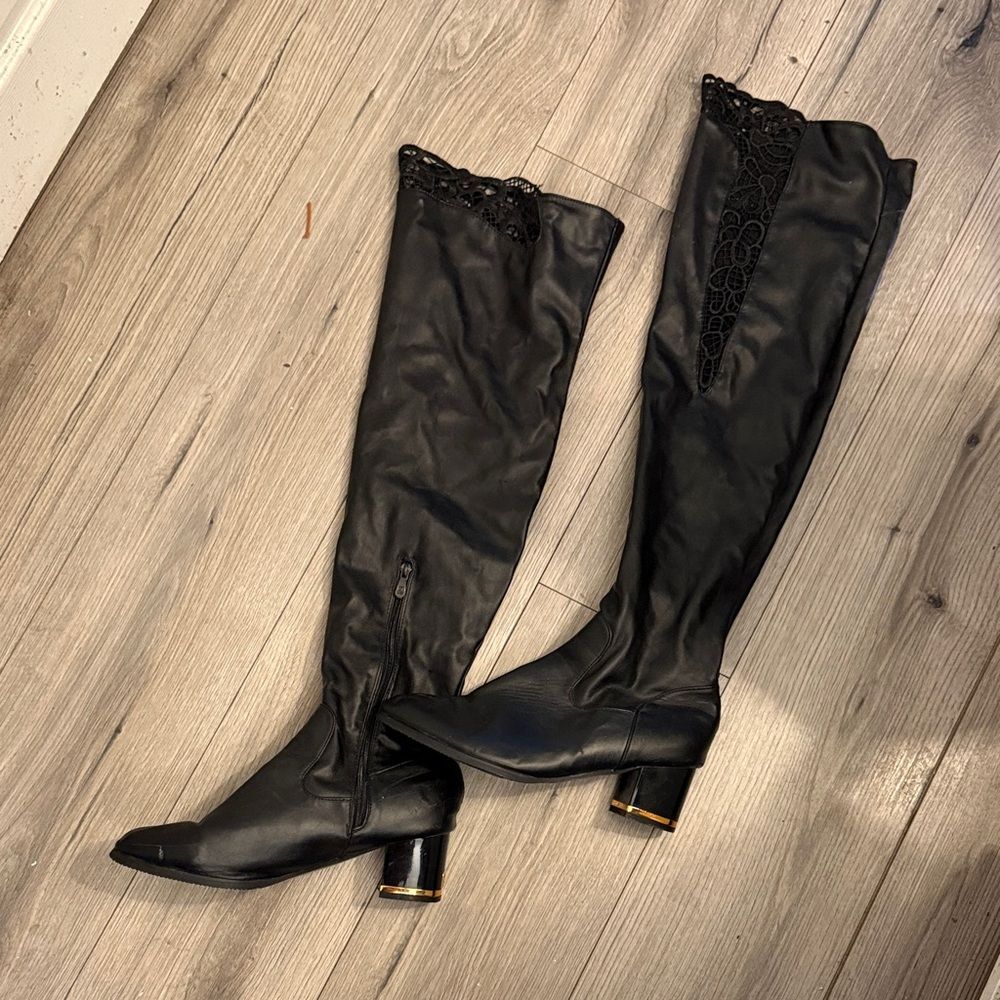 Black A Little Over-the-Knee Lace-Trim Block Heel Boots